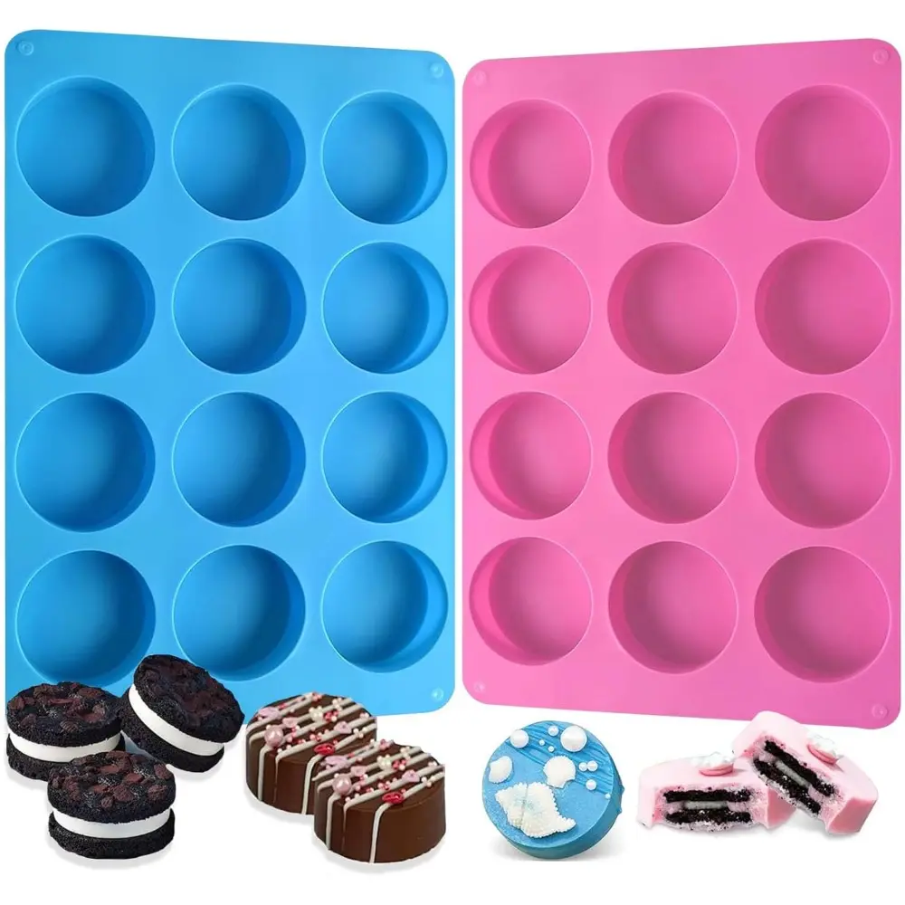 Flexible High Temperature Chocolate & Sweet Moulds, 2 PCS 12-Cavity Reusable Silicone Round Cylinder Bakeware for Covered Oreo Cookies, Mini Cakes