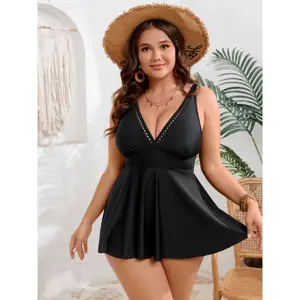 Plus Size Lace Trim V Neck Swimdress, Flared Hem Tummy Control One Piece Swimsuit, Summer Beach Bathing Suit