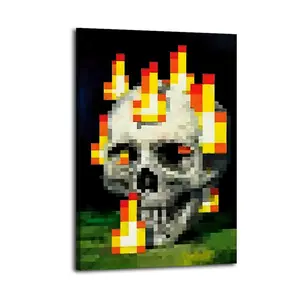 Pixelated Skull with Flames Wall Decor Art, Waterproof Canvas Poster, Artistic Poster for Bathroom, Bedroom, Kitchen and Living Room, and A Perfect Gift for Home