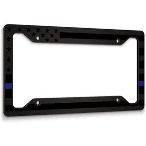 Thin Blue Line License Plate Frame - Tactical Blackout American Flag Design - Durable 3mm Aluminum Composite - Made in USA - 6.5" x 12.5" Universal Fit