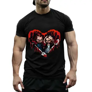 Women's Casual Halloween Chucky Graphic T-Shirt - Black Horror Tee with Red Heart Knife Design - Soft Stretch Round Neck for Halloween Party & Daily Wear