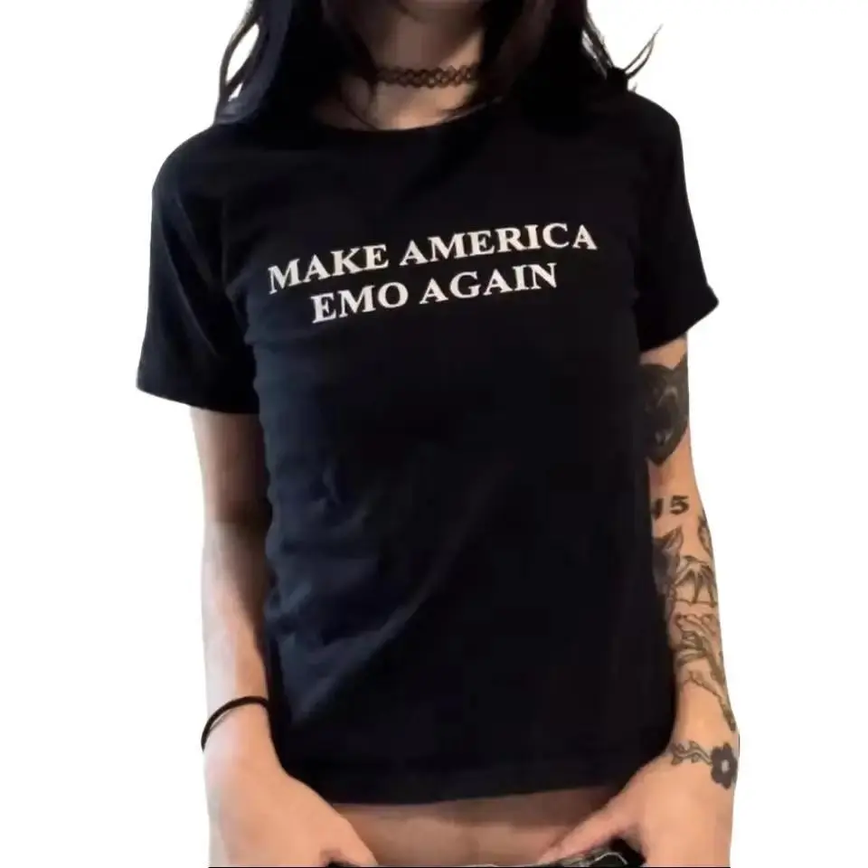 Make America Emo Again Baby Tees, Y2k Clothes, Gothic Streetwear, Vintage Cute Graphic Print Grunge Baby Tee, Casual Women Punk Slim Emo Girl Baby Tee 2000s, Y2k Style Clothes, Downtown Girl Baby Tee, Gift For Her, Outfits