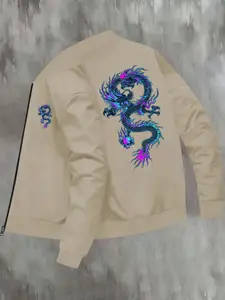 Men's Dragon Print Zip Up Bomber Jacket, Regular Fit Casual Long Sleeve Baseball Collar Outerwear for Fall & Winter, Men's Clothes for Daily Wear, Coats