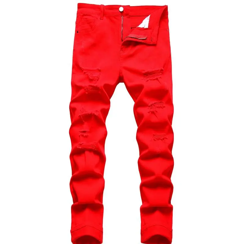 NewMen's red ripped casual jeans stretch pants Cotton Streetwear skinny jeans baggyjeansmen st patty's outfit