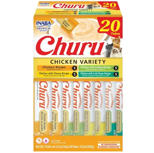 INABA Churu Cat Treats, Lickable, Squeezable Creamy Purée Cat Treat with Green Tea Extract & Taurine, 0.5 Ounces Each Tube, 20 Tubes, Chicken Variety Box