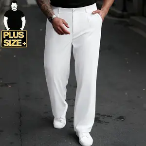 [Plus Size]  Men's Flat-Front Dress Pants – Loose Fit Straight Leg Trousers with Elastic Waist, Casual Business Slacks for Big & Tall, White/Black (2XL-6XL)