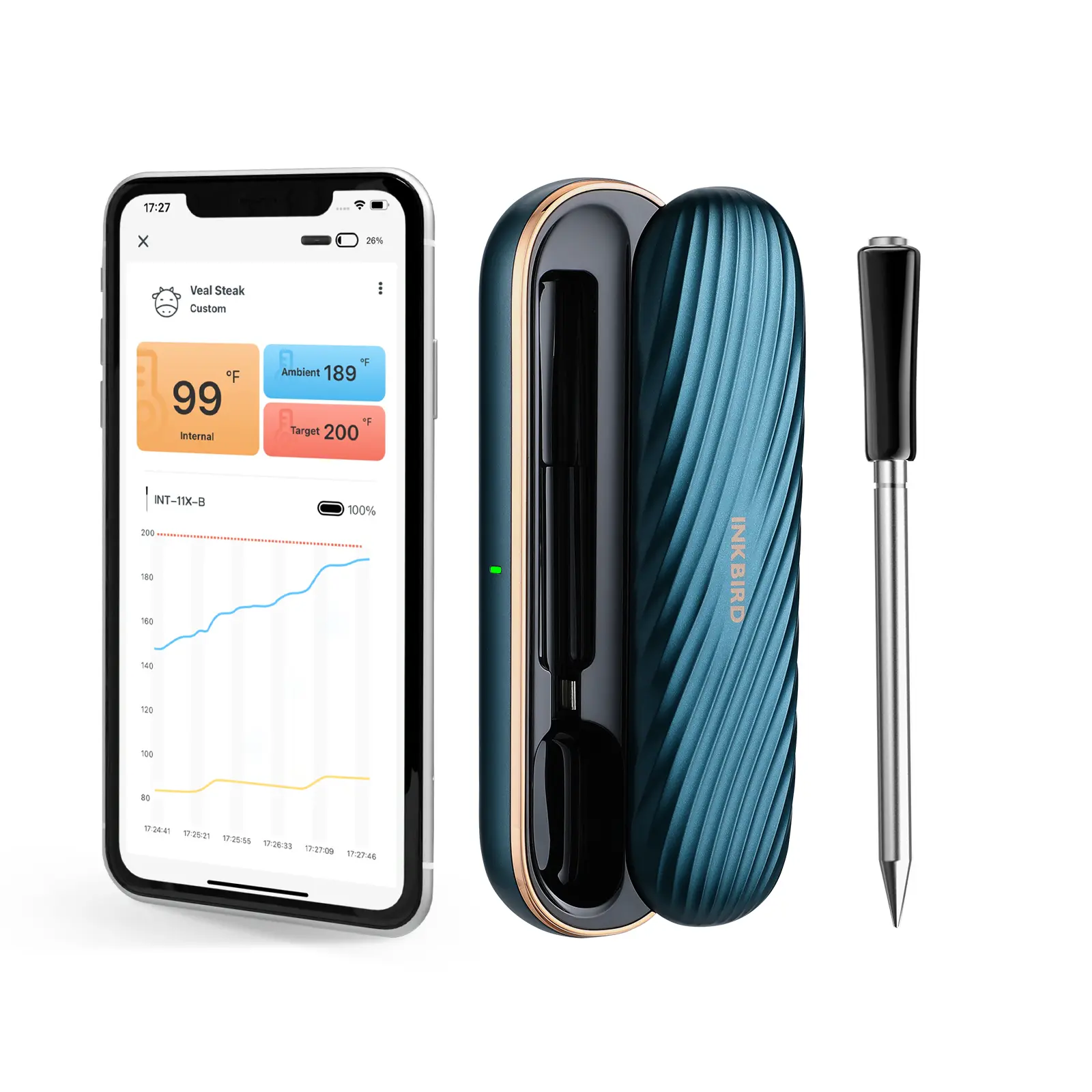 INKBIRD Wireless Meat Thermometer INT-11X-B, Bluetooth Meat Thermometer Wireless for Grilling Smoking, IP67 Waterproof Smart Meat Probe for BBQ Grill Smoker Rotisserie Rechargeable Box Gifts for Men