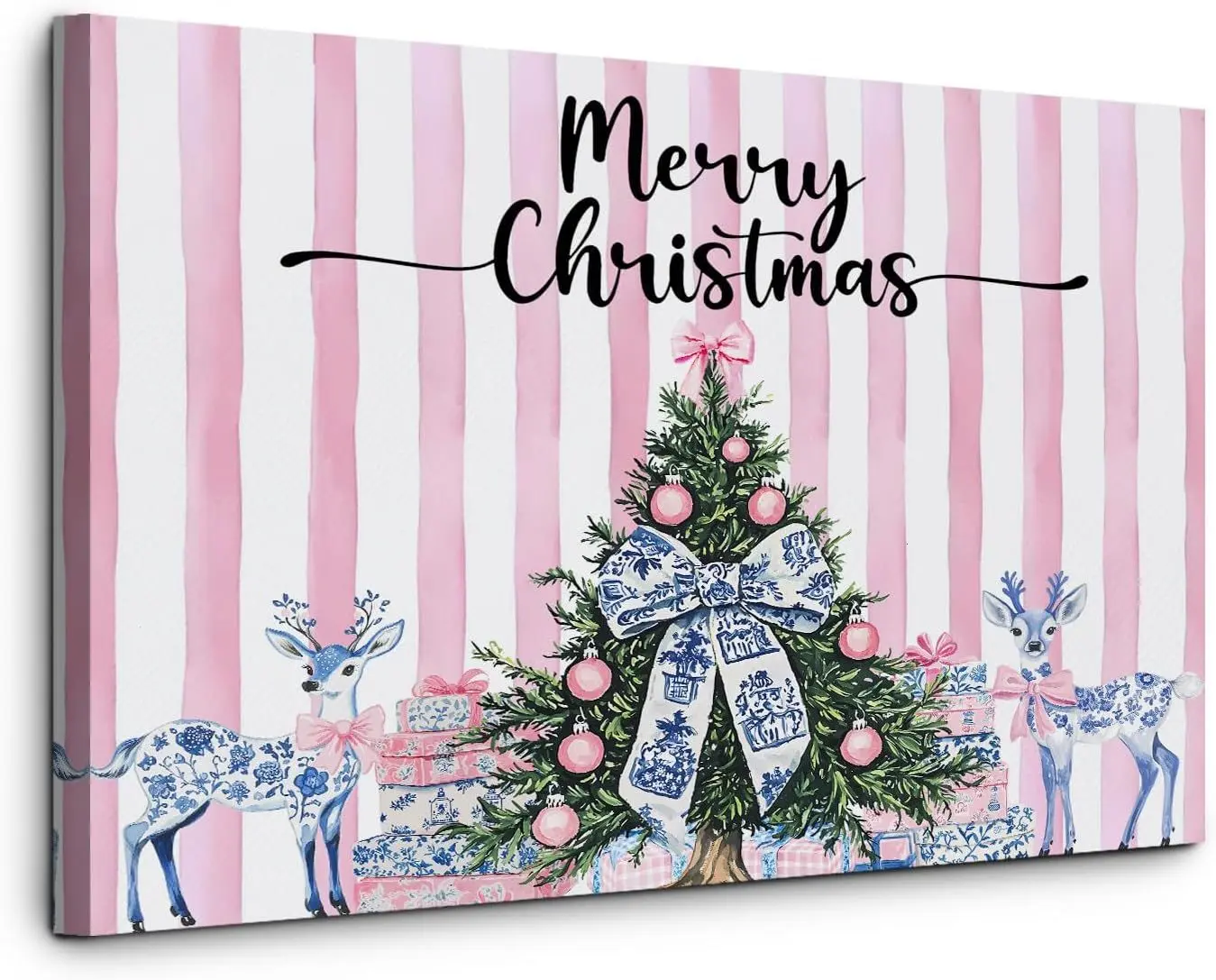 Pink Chinoiserie Christmas Canvas Wall Art – Grandmillennial Holiday Decor, Preppy Bow, Xmas Tree & Deer Scene for Girls’ Room, Dorm, or Apartment