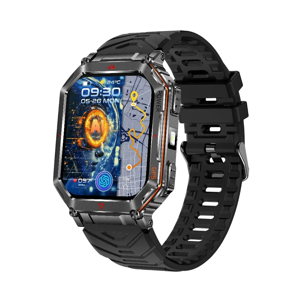 GPS Outdoor Sport Digital Smart Watch 3 ATM Waterproof with Flashlight Compass Build-in Fitness Tracker Real Time Movement Tracking Heart Rate Monitoring Bluetooth Call Blood Oxygen/Blood Pressure/Sleep Monitor