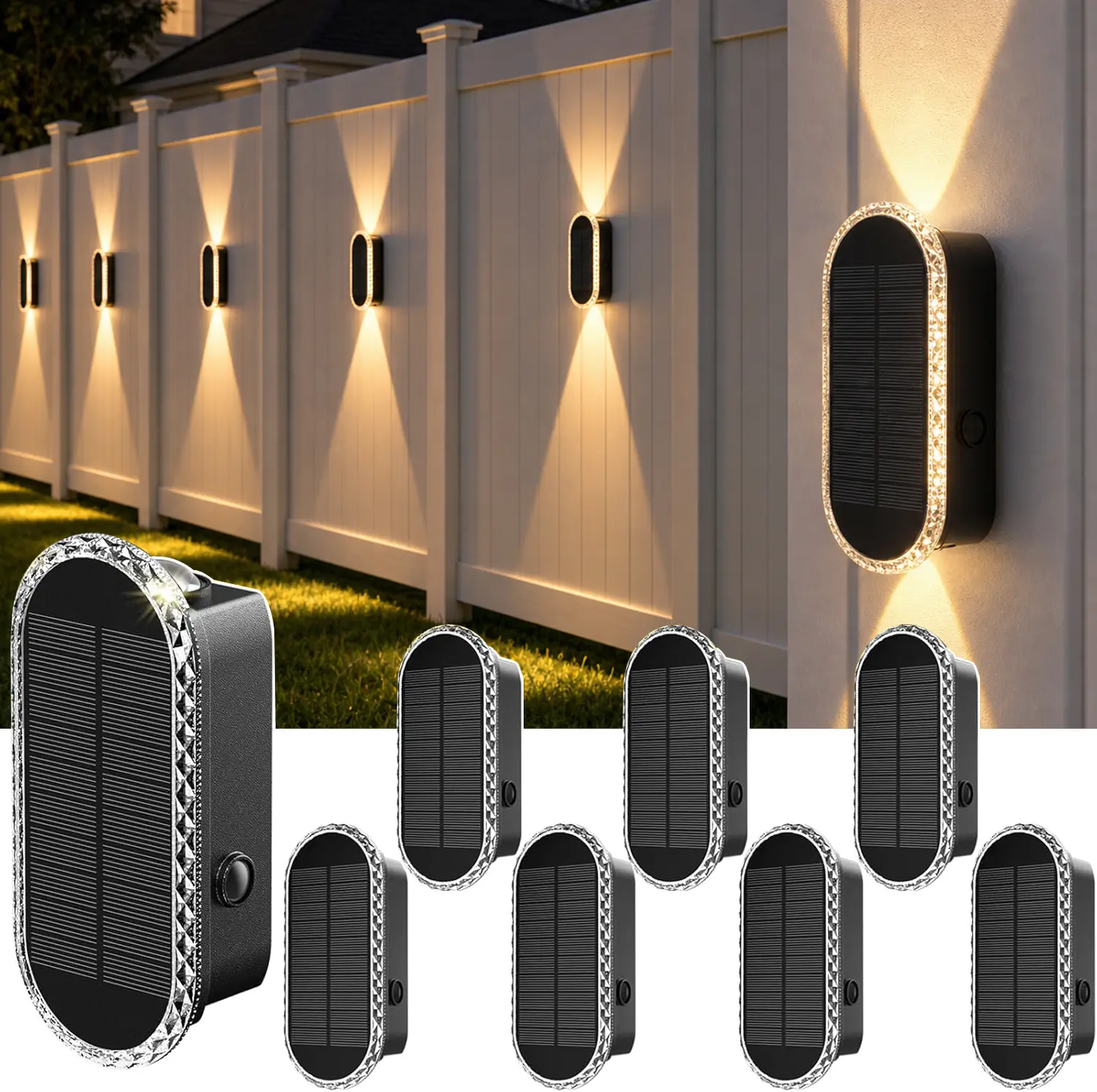 Solar Wall Lights Outdoor,8 Pack Solar Fence Lights Outdoor,  Warm White + 3 Fixed Colors, IP65 Waterproof Fence Lights Solar Powered, Up Down Dual-Lens, Outdoor Solar Wall Lights for Backyard/Garden/Patio/Garage and Wall decor