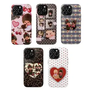 Monchhichi Vintage Cherry Plaid Heart Doll Stylish Cellphone Casing, Heavy-Duty Shockproof Protection Accessory, Kawaii Aesthetic Retro Nostalgic Art Phone Case for iPhone 17 Pro Max,16 Air,15,14,13,12,11, Accessories, Rubber