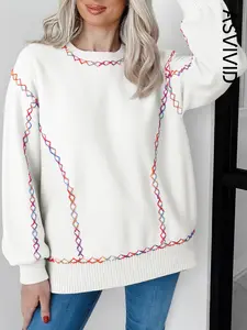 Women's Casual Pure Color Rainbow Stitching Long Sleeve Sweater Pullover, Stylish and Comfortable Knitwear for Daily Wear