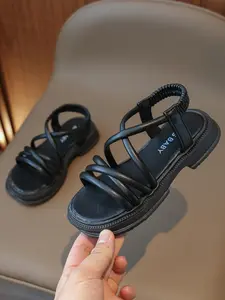 Girl's Fashionable Solid Color Roman Sandals, Casual Versatile PU Leather Sandals for Summer, Non-slip Beach Shoes for Daily Wear, Trendy Sandals, Strap Sandals, Plain Sandals