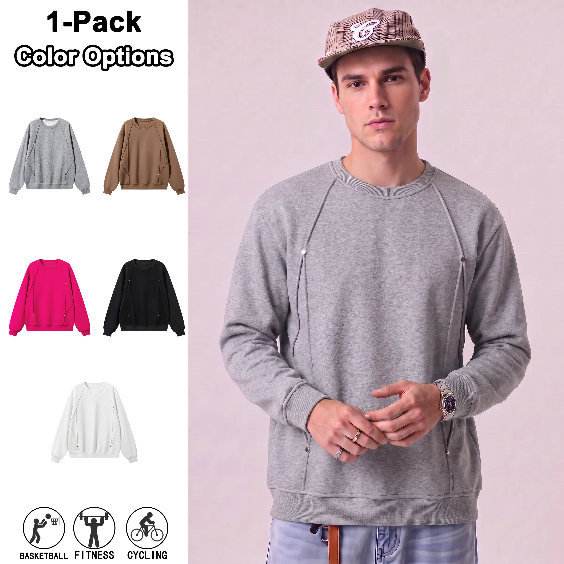 Men’s solid-color loose sweatshirt for spring and autumn—casual, fashionable, and versatile; trendy long-sleeve sports top suitable for everyday wear, commuting to work, and street outings.