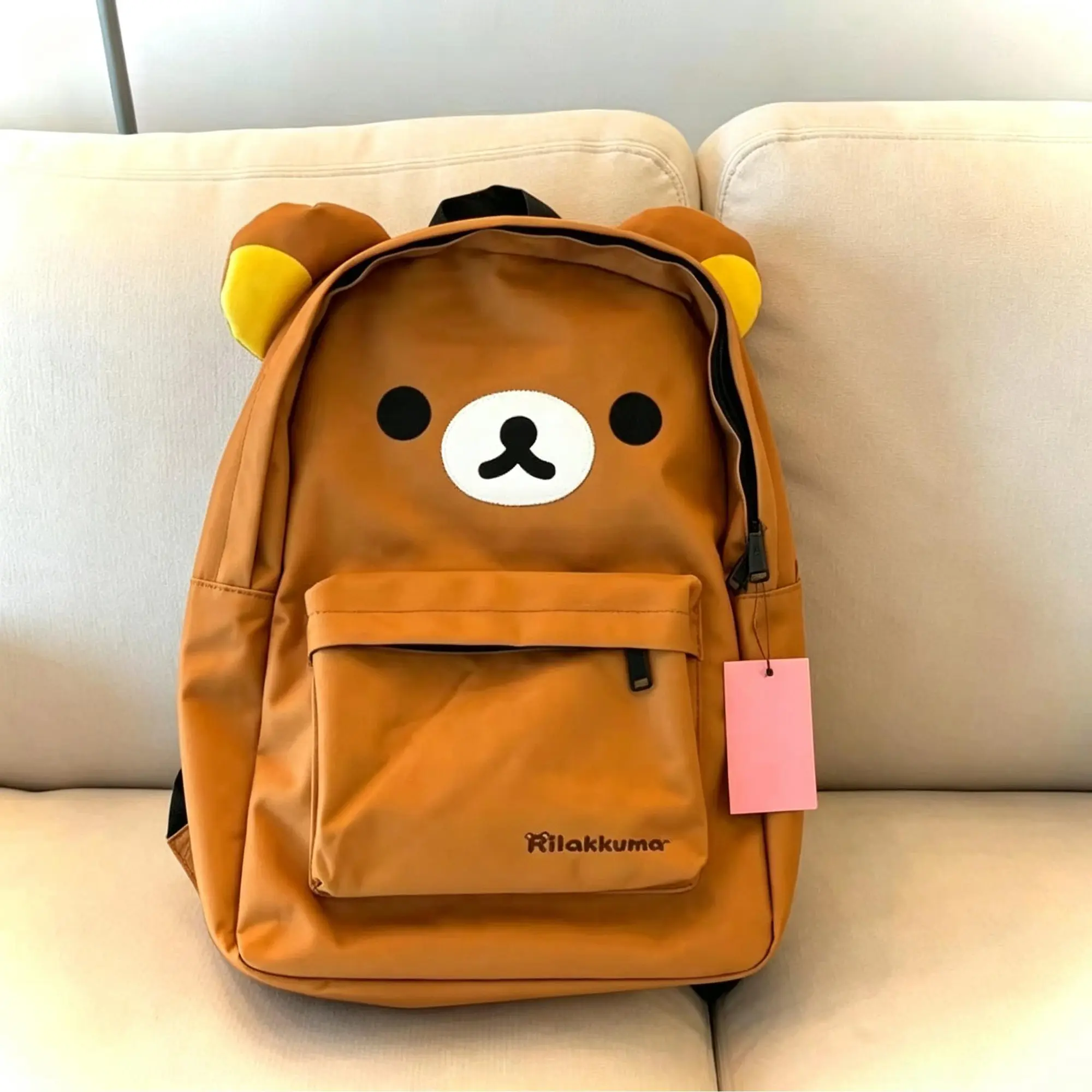 Rilakkuma Cute Bear Backpack with 3D Plush Pink Ears, Kawaii Anime School Backpack for Girls Teenagers, Large Capacity Waterproof Nylon Bookbag with Cartoon Lining, Casual Daily Travel Laptop Backpack with Mini Pink Bear Doll Pendant