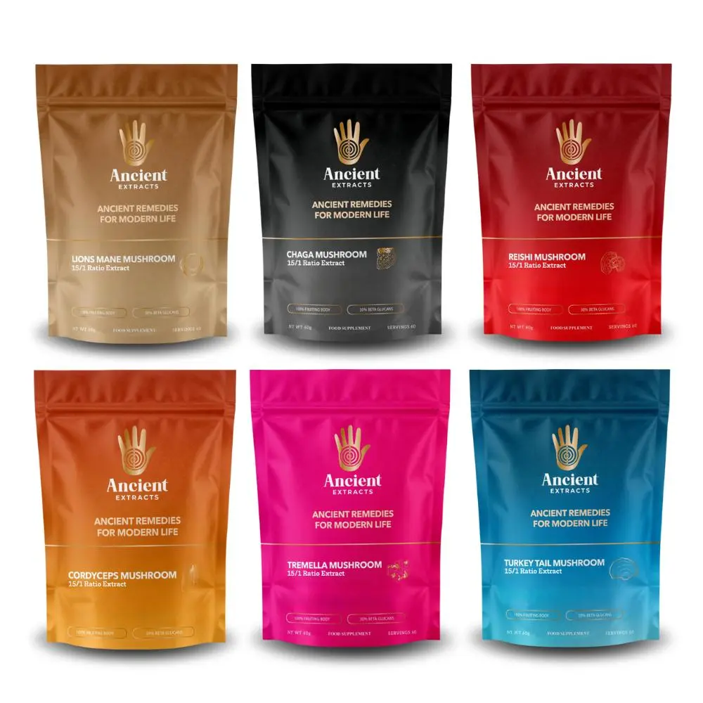 6 Mushroom 60g Bundle - 2 Month Supply of: Lions Mane, Chaga, Cordyceps, Reishi, Tremella, Turkey Tail - minimum 30% Beta Glucan content - Food Supplement