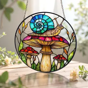 Mushroom Suncatcher/Mushroom and Blue Snail Stained Glass Window Hanging/Mushroom Home Decor/Birthday Gift For Mom Grandma/Housewarming Gift