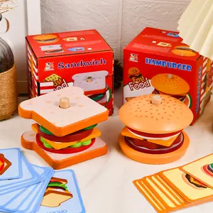 Baby Wooden Simulation Hamburger, Fries & Sandwich Stacking Toy, Food Cutting & Matching Kitchen Tableware Pretend Play Toy
