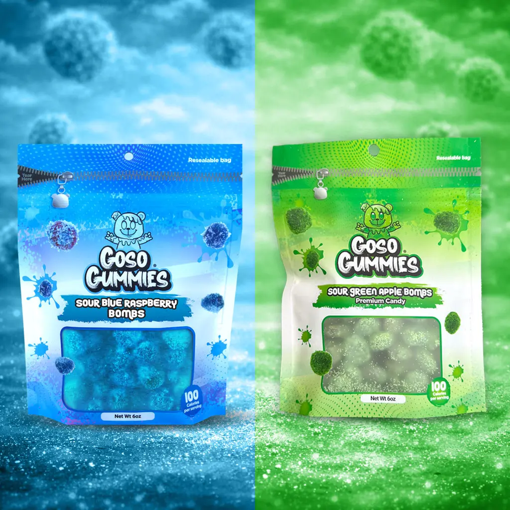 Goso Gummies Sour Blue Raspberry Gushers 6oz + Sour Green Apple Bombs 6oz | Viral Sour Candy | Extreme Sour Gushers Style Gummies | TikTok Trending Candy | Chewy Fruit Snacks
