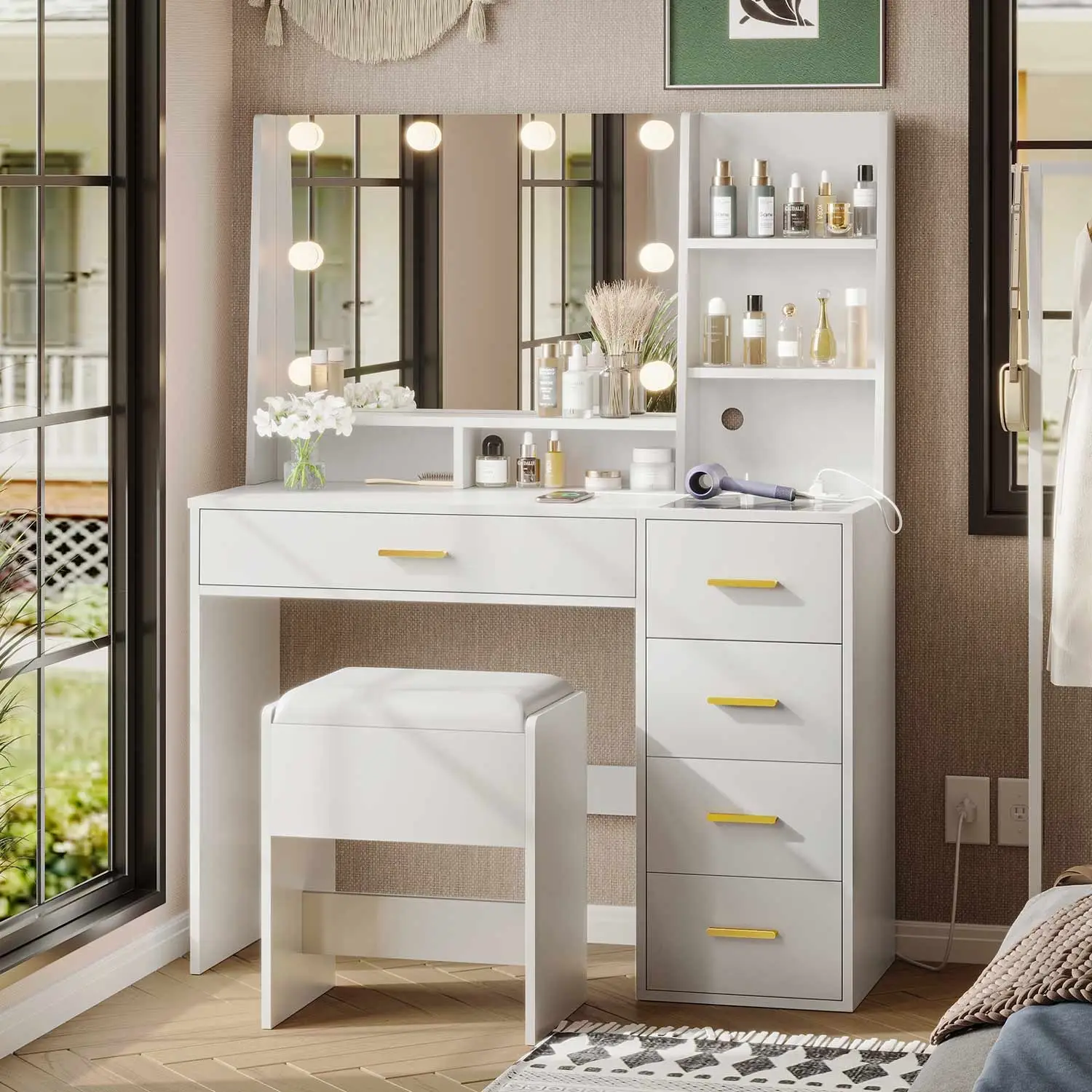 SIKAIC White Makeup Vanity Desk Set with Lights, Mirror, Charging Station, Cushioned Stool, Visible Drawers & Open Storage Shelves