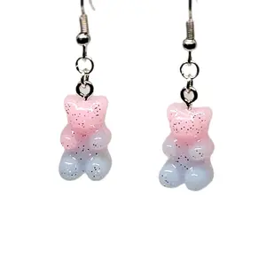 Gummy Bears 2 Tone Hanging Earrings - Pink & Light Purple Glitter Bears with Metal Hook(