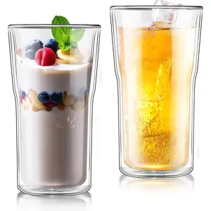 Glass Double Walled  Drinking Glasses Tumbler 16 oz, Double Layer Tall Borosilicate Insulated Water  Glass Cups, Double Lined Thermo  Coffee Hot Beverage Glassware, Set of 2
