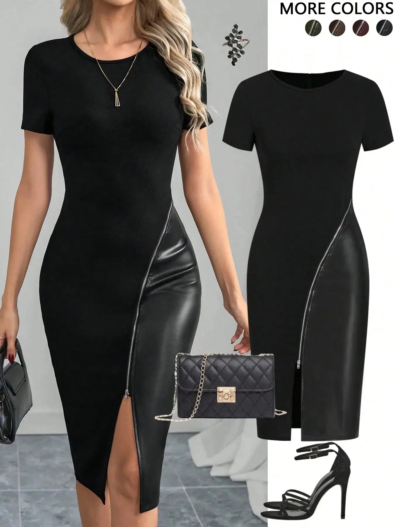 Women's Casual Minimalist Aesthetic Solid Color Short Sleeve PU Leather Patchwork Fitted Dress, Womenswear, Zipper Design, Perfect for Daily Wear, Stylish and Comfortable