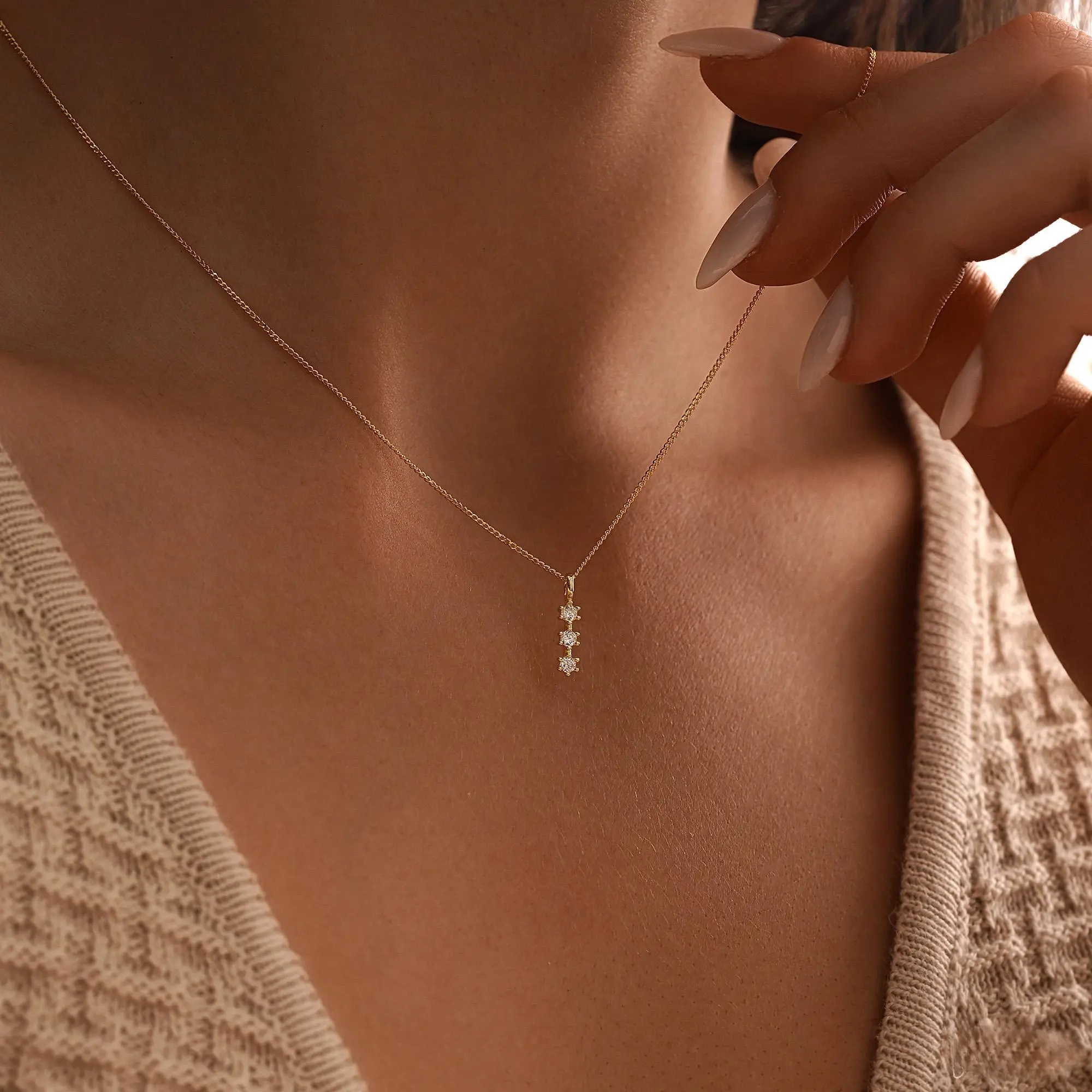 modmints Gold Plated 925 Sterling Silver Necklace for Women, Dainty Minimalist Chain with 3 CZ Stones, Adjustable Bridal Jewelry, Minimalist Chain Necklace, Gold Necklace Women