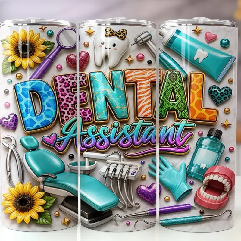 Dental Assistant 3D  20  oz Tumbler - BPA Free, stainless steel, Leak proof, durable, with clear lids