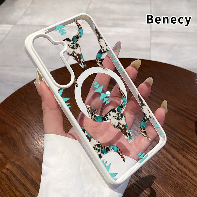 Magnetic Phone Case Supports Wireless Charging Compatible With Samsung Galaxy S26 Edge S23 Ultra S24 Plus FE S25 S22+ Bohemian Skull Pattern Pattern Non-Yellowing Shockproof Soft Silicone Transparent Acrylic Cover