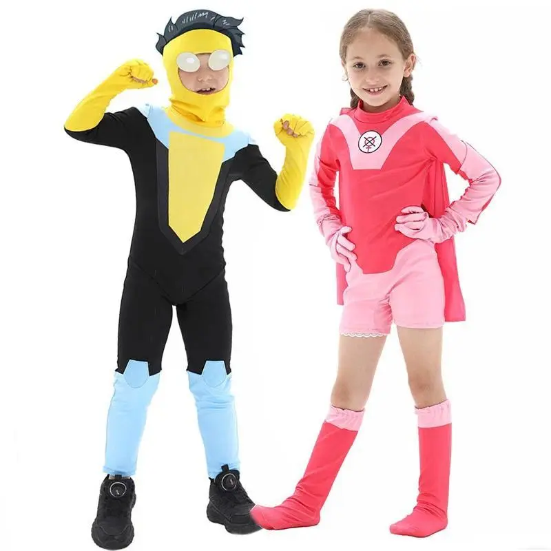 Anime Kids Invincible Costume Boys Omni-man Mark Grayson Cosplay Child Superhero Girls Atom Eve Pink Jumpsuit Halloween Costume