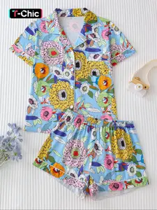 Women's Floral Print Lapel Neck Button Front Shirt & Elastic Waist Shorts Pyjama Two-piece Set, Short Sleeve Pocket Top & Shorts Pj Set, Ladies Summer Sleepwear, Nightwear Sleepwear, Button Closure Top, Loungewear, Womenswear