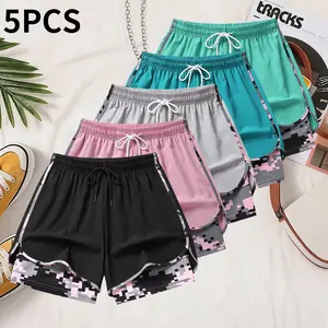 Women’s summer shorts: double-layer faux two-piece bermuda shorts made from polyester fiber—breathable, quick-drying compression base layer shorts with an elastic waistband featuring a drawstring and side mesh pockets; suitable for fitness training, casua