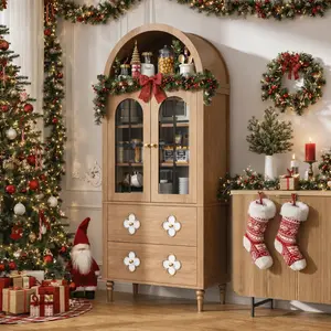 【SummerWins】LILYPELLE 71" Tall Arched Storage Cabinet with Glass Doors, 4 Shelves & 2 Drawers, Modern Wood Pantry Cabinet for Kitchen, Dining Room, Living Room & Bathroom