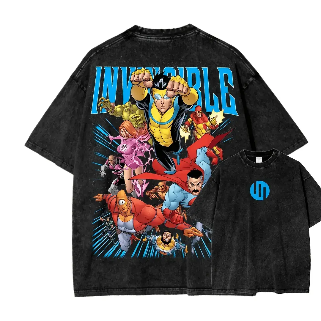 Vintage Wash Graphic Tee Invincible Omni-Man Anime Streetwear Oversized T-Shirt Unisex Heavyweight Retro Comic Top Gym Pump Cover Y2K Father's Day Gift