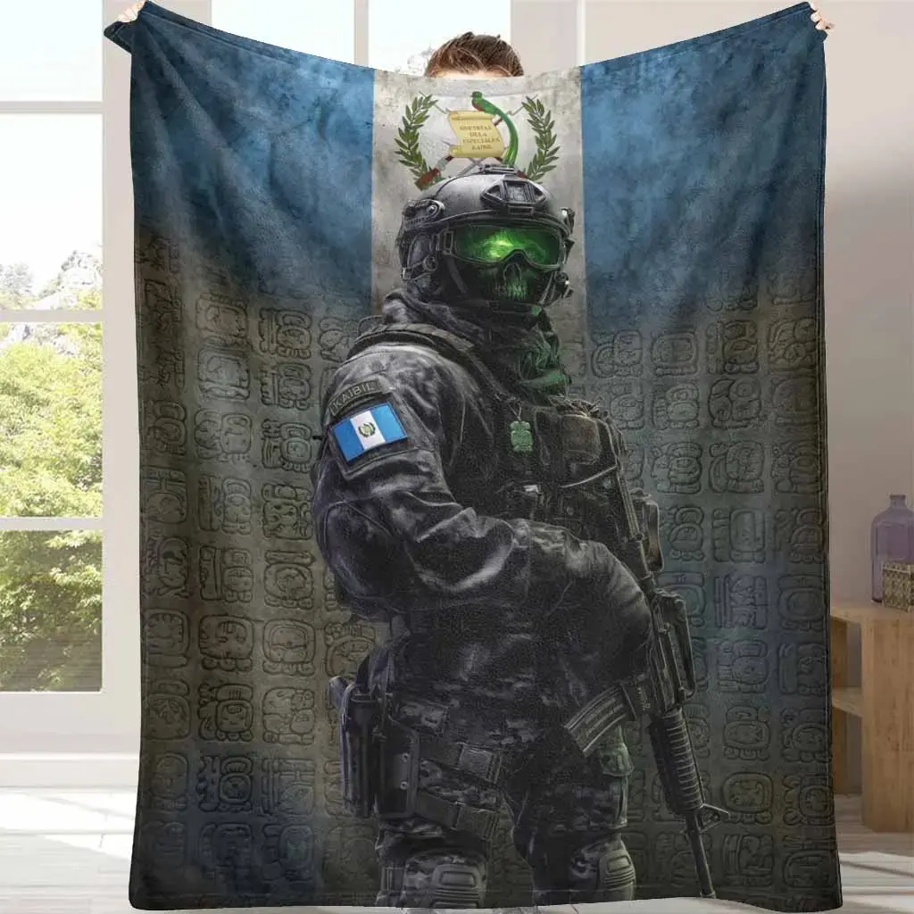 Guatemalan Special Forces Warrior Flannel Throw Blanket - Military Tactical Style, Guatemalan Flag & Ancient Symbol Patterns, Lightweight Warm Blanket, Breathable, Wrinkle-Resistant, Durable for Bedroom, Outdoor Use, Flannel Throw Blankets