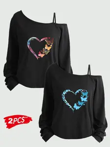 Women's Plus Size 2-Piece Set, Printed Long Sleeve & Short Tank Top, Asymmetrical Neckline, Loose Fit, All Seasons, Sizes 1-8xl