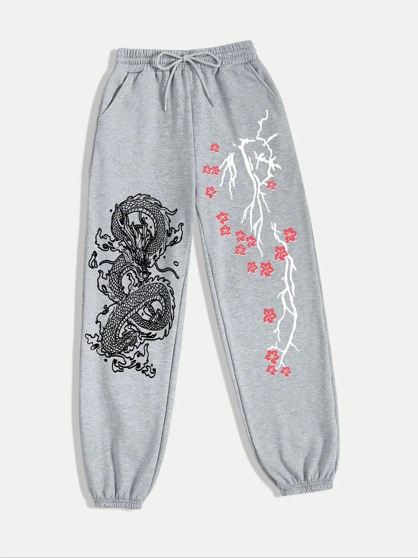 Women's Floral & Dragon Print Adjustable Drawstring Waist Thermal Lined Knit Fabric Fitted Sweatpants, Casual Pocket Jogger Pants for Spring & Fall, Fashion Women's Trousers for Daily Wear, Casual Lounge Pants, Athleisure Pants, Casual Comfy Trousers
