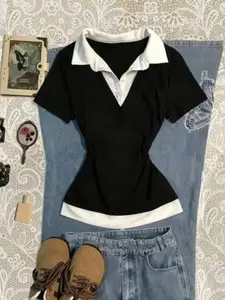 Academic Style Fake Two-Piece Short Sleeve T-Shirt, Summer Patchwork Shirt Collar Top, Casual Fashion Apparel for Men and Women