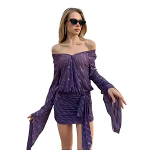 Off Shoulder Sheer Zebra Print Mesh Ruched Waist Tie Flare Sleeve Open Back Wrap Style Bodycon Mini Dress for Women's 2026 Summer New Arrival Night Party Club Sexy Gown Dress summerwins