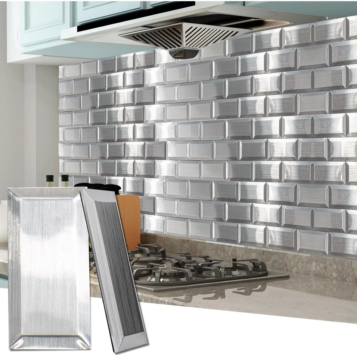 100 count Peel and Stick Backsplash Tiles, 3D Textured Metal Stick On Subway Wall Tiles for Kitchen  Splashes, Bathroom, Laundry Room, 3 x 6 Inch, Stainless
