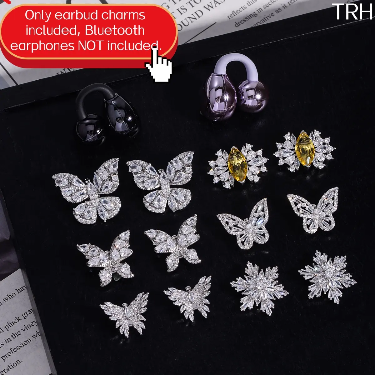 Women's Solid Brass Clip-On Open Ear Earbud Charms - Cubic Zirconia-Inlaid Rhinestone Bling Accessories, Long-Lasting Electroplated Daily Wear Earrings for Styling, Clip-On Charms