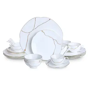 24 Piece White Bone china Dinnerware Set for 4,Porcelain Plates and Bowls Sets With Gold Rim,Highly Chip and Crack Resistant | Dishwasher Safe Dishes Set (White & Gold-Traced line)