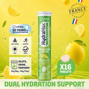 HydraMax Hydration + Detox & Antioxidant Effervescent Tablets – Electrolytes with Artichoke, Ginger, Magnesium, Gut Health Support, Lemon Flavor, 16 Tablets, Daily Supplement, Multivitamin