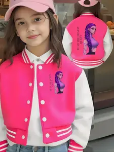 Kpop Girl Short Baseball Jacket Coat, Casual Sport School Uniform, Y2K Portrait Design, Elastic Fabric, Girls Fall Winter Outerwear, Casual Comfy Jacket