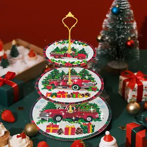 DIY Diamond Painting Kit: Christmas Red Car & Vintage Truck Layered Display Tray | 3-Tier Recycled Wood Frame, Round Diamond Beads | Sturdy Base Table Decor for Weddings, Birthdays, Thanksgiving, Valentine's Day, Baking & Holiday Parties