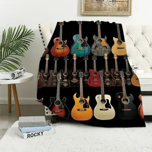 Vintage Guitar Collection Throw Blanket - Soft and Cozy Fleece Blanket with Colorful Acoustic Guitar Design - Perfect for Music Lovers, Couch, Bed, or Outdoor UseFather's Day Thanksgiving Halloween Valentine's Day Holiday Gifts summerwins