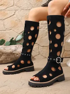 Polka Dot Hollow Out Thick Sole Sandals, Cool Punk Rock Style, Height Increasing Side Zipper, Breathable Open Toe, Must-Have for Nightclubs & Streetwear