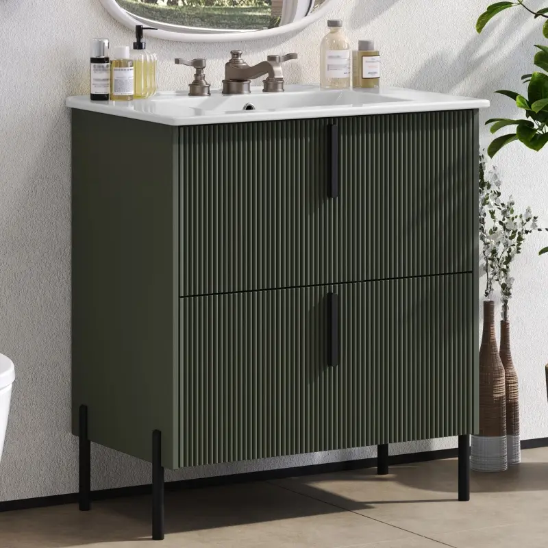 Christopher Knight Home ®   30" Bathroom Vanity with Ceramic Sink and Full-Extension Drawers, Soft Close Undermount Drawer Slides, Fluted Design, Green
