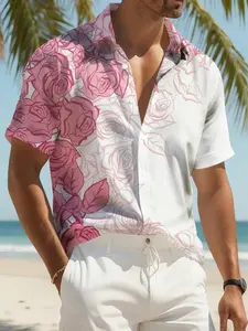 Men's Lightweight Summer Tropical Hawaiian Shirt, Gradient Rose Floral Print, Casual Long Sleeve Button Down, Loose Fit Short Sleeve Tee, Casual Collared Shirt